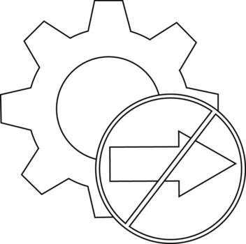 A gear icon with a forward arrow enclosed in a circle crossed out by a diagonal line vector
