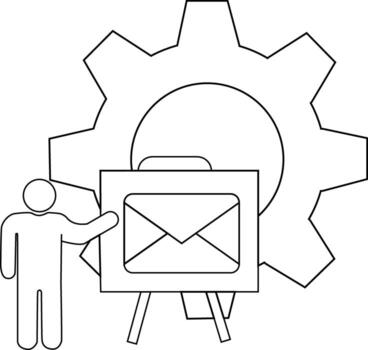 Outline of a figure presenting an envelope on a stand overlaid with a cogwheel vector