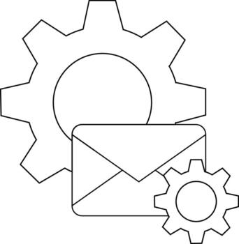 Two gears and an envelope are arranged in a simple outlined illustration vector