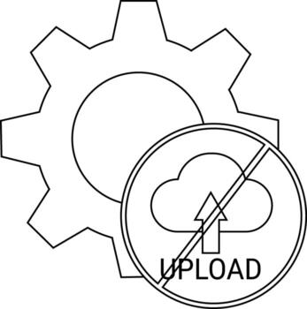 Gear and a no upload sign cloud with an up arrow and UPLOAD text crossed out vector