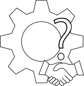 A cogwheel a circle a question mark and a handshake are visible in the image vector
