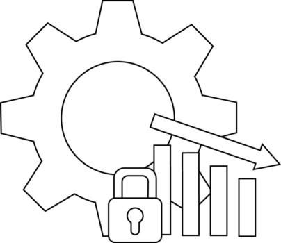 Gear descending bar graph and lock are depicted in a line drawing vector