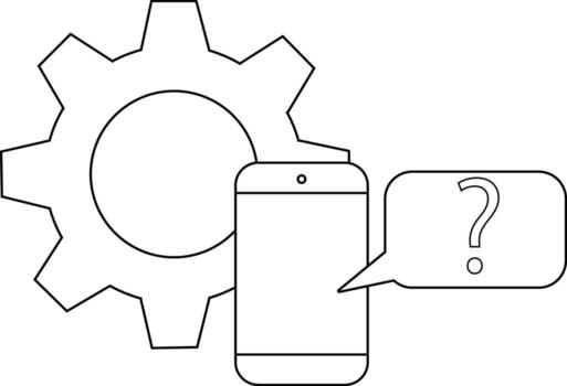 línea Arte demostración un engranaje teléfono inteligente habla burbuja con un pregunta marca vector