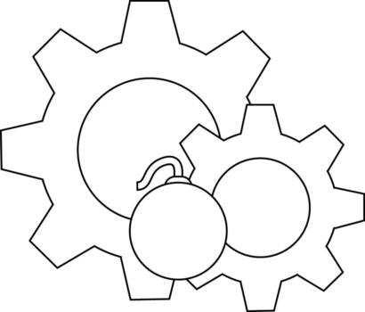 Two gears interlock with a bomb The gears have large cogs and the bomb is round with a lit fuse vector