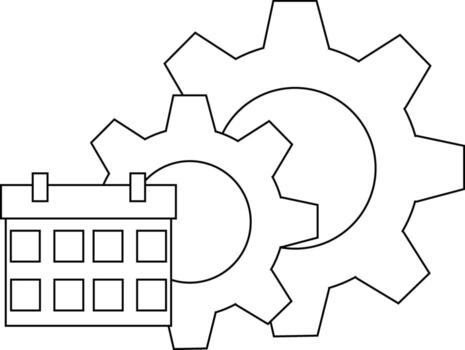 Two gears intertwine beside a calendar all in outline style vector