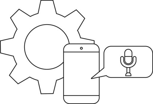 un engranaje contorno se sienta detrás un teléfono inteligente con un micrófono icono en un charla burbuja siguiente a eso vector
