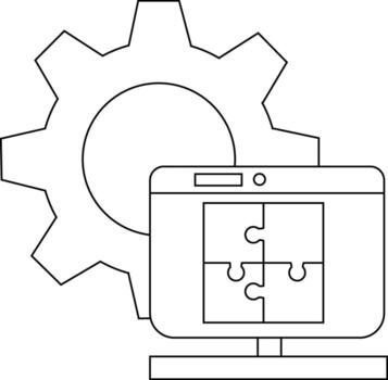 Outline of a computer with a puzzle on the screen next to a gear vector