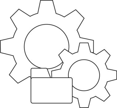 Two gears interlock near a folder icon all rendered in a stark blackandwhite outline vector