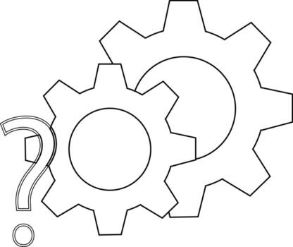 Two meshed gears one partially obscured with a question mark beside the left gear all depicted as line drawings vector