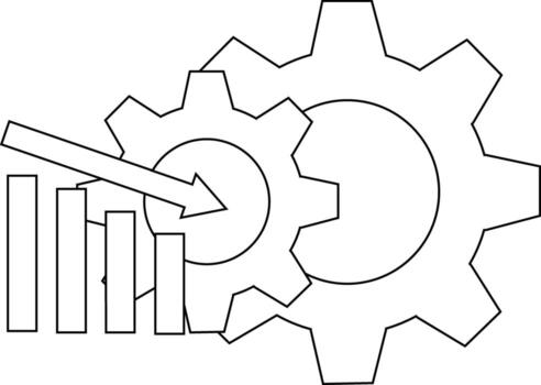 A downwardpointing arrow bridges bar graphs to interlocking gears highlighting decline or connection in a mechanical setup vector