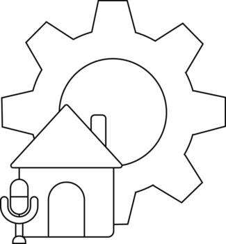 A graphic of a house in front of a gear with a microphone next to it vector