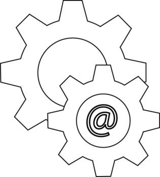 Two interlocking gears one with an symbol are depicted with clean black lines on a white background vector