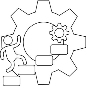 contorno de un persona alpinismo pasos hacia un engranaje mecanismo presentando rectangular cajas un menor engranaje dentro un mas grande uno vector