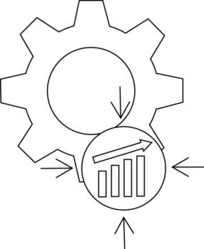 Gear outline with an embedded upward trending bar graph within a circle and arrows pointing inward vector