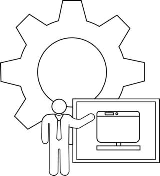 A person points to a monitor in front of a gear all depicted in a clear outlined style vector