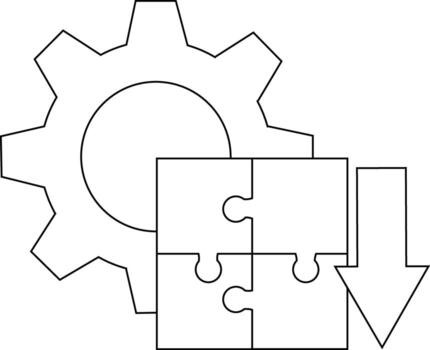 Line art features a gear four puzzle pieces arranged in a square and an arrow pointing downward vector