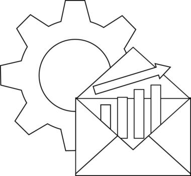 Graphic of an open envelope containing a bar graph and arrow with a gear behind vector