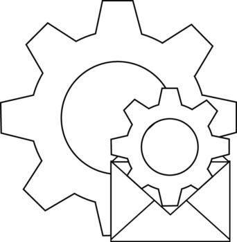 Two gears one larger and one smaller are partially overlapping an open envelope all in a blackandwhite drawing vector