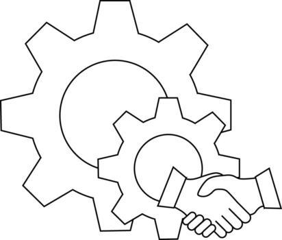 Gears mesh with a handshake an outline drawing of two interlocking cogwheels and two hands clasping vector