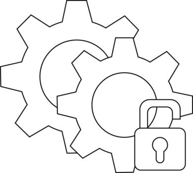Two gears interlock behind an open padlock all in black outline vector