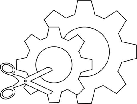 Two interlocked gears are shown with scissors cutting the smaller gears inner circle vector