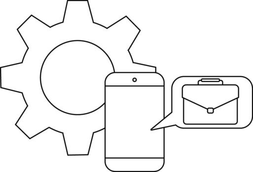 Line art of a gear phone and speech bubble with a briefcase inside creating a concept of business technology vector