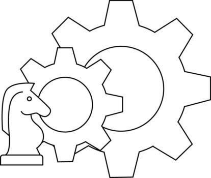Chess knight gears a chess piece against interlocking cogs in a linear design vector