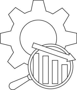 A gear with a magnifying glass focusing on a decreasing bar graph and an arrow pointing down vector