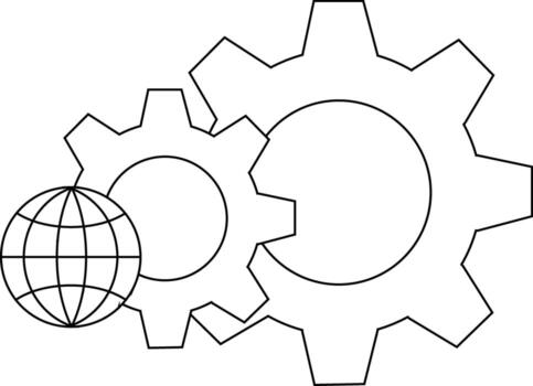 Two gears interlock beside a globe with grid lines all in black and white vector