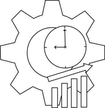 A cogwheel encompassing a clock and rising bar graph symbolizing timedriven progress vector
