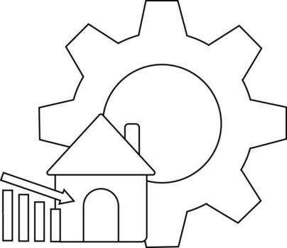 A gear behind a house with a downward arrow pointing to a graph vector