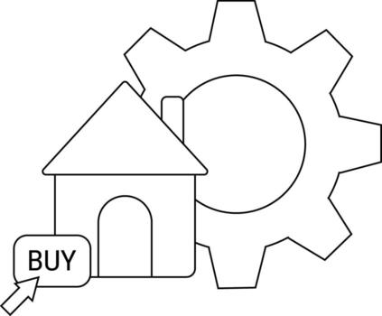 Outline icon with a house cog buy button and cursor arrow vector
