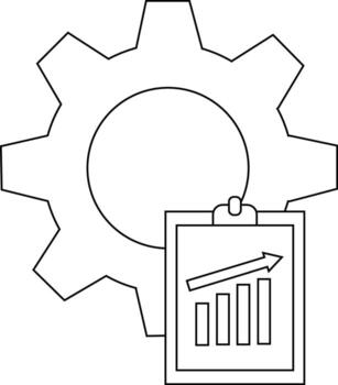 A gear graphic paired with a rising bar graph on a clipboard implying operational progress vector