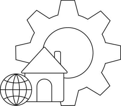 A house and globe in front of a gear all in outline style vector