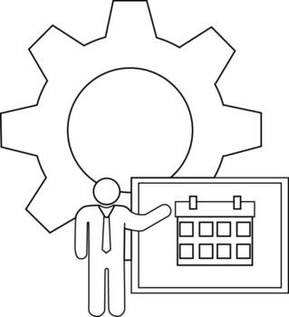 A cogwheel backdrop for a man pointing at a calendar on a board vector