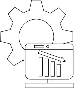 A graphic shows a gear behind a monitor displaying a downwardtrending bar graph vector