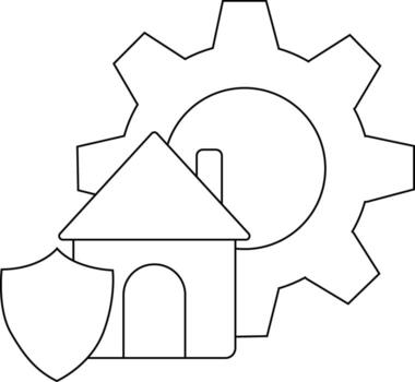 A house icon is protected by a shield with a gear in the background represented with clean line art vector