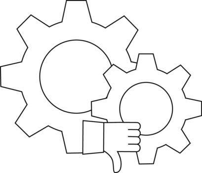 Two interlocking gears with a thumbsdown hand gesture visible in the foreground vector