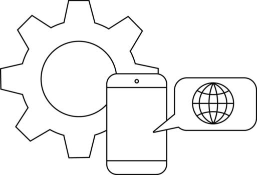 negro y blanco tecnología icono con un engranaje teléfono inteligente y globo en habla burbuja vector