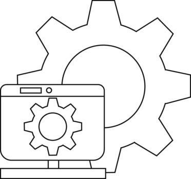 A computer screen displays a gear with a larger gear behind it all outlined in black vector