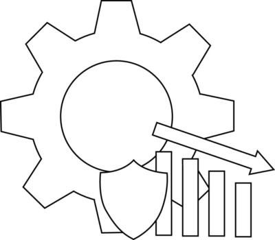 un engranaje con un circulo en el medio un proteger barras de varios tamaños y un flecha señalando hacia abajo vector