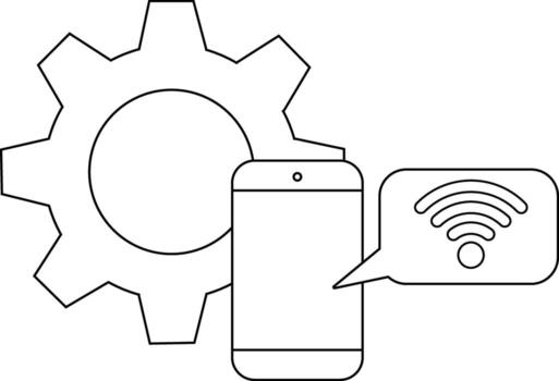 línea Arte rueda dentada detrás un teléfono inteligente con un Wifi símbolo en un habla burbuja vector