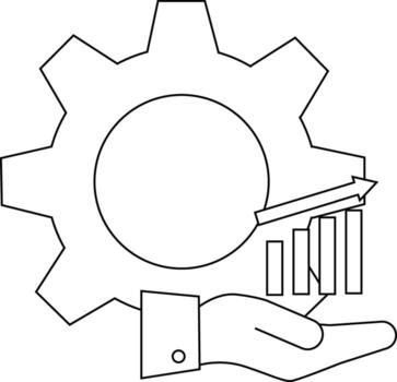 A gear encircles a graph with upward arrow resting on a hand with a cuff vector