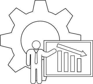 Illustration of a person presenting a declining bar graph with a gear in the background vector