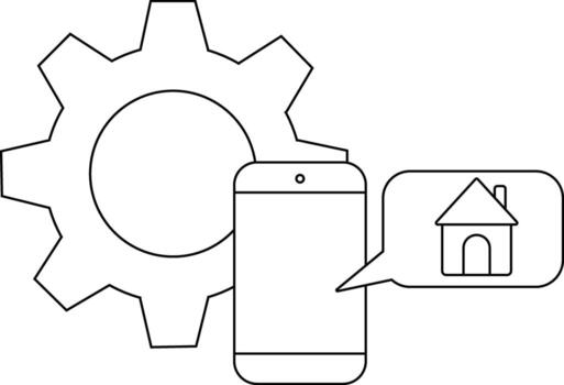 un rueda dentada un teléfono inteligente y un habla burbuja con un casa dentro eso son desplegado vector