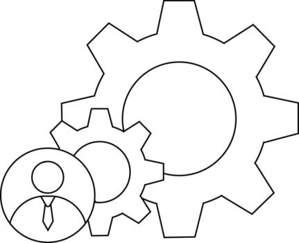 Two gears mesh next to a person in a circle all in outline form vector