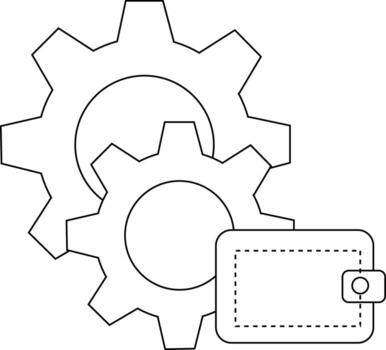 The image shows a wallet and two gears interlocked creating an industrial finance concept vector