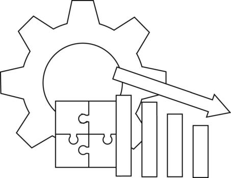 Image shows a gear puzzle and falling graph line pointing down vector