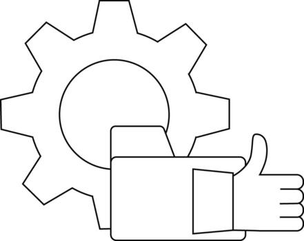 A gear image with a thumbsup icon overlapping it rendered in a simple black and white line drawing style vector