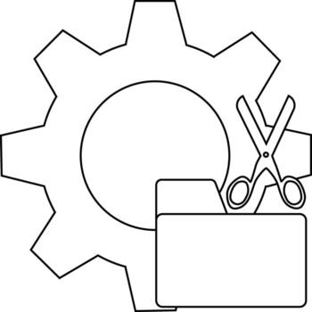 White outline icon featuring a gear scissors and a folder suggesting configuration or editing vector